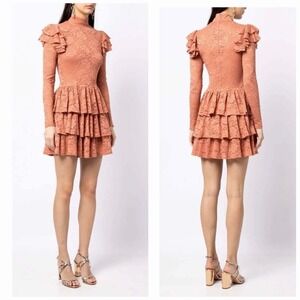 NEW CAROLINE CONSTAS Emily Tiered-Ruffle Lace Mini Dress Cork  Rust Women's XXS